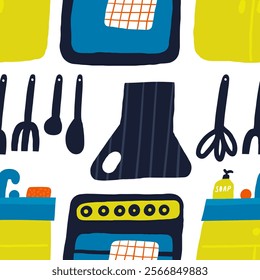 Kitchen interior seamless pattern. Cute hand drawn doodle house furniture inside items repeatable pattern with oven, cooker, sink, hood, stirrer, spatula, whisk, spoon. Modern dining room background