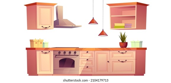 Kitchen Interior Set With Cooking Counter, Stove, Hood And Hanging Cupboards. Vector Cartoon Retro Kitchen Furniture, Oven, Lamps, Jars And Plants On Desk And Cook Books On Shelf