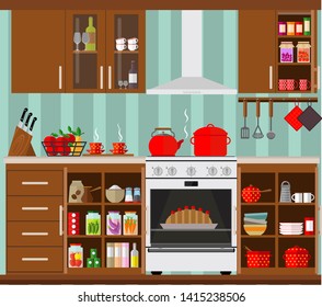 Kitchen interior. Set of kitchen furniture, dishes and products. Vector illustration.