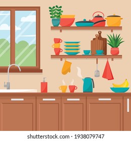 Kitchen interior. Shelves with cooking tools, vector illustration