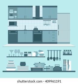 Kitchen interior and shelves with dishes and cooking utensils. Front view interior set. Flat design style, vector illustration.
