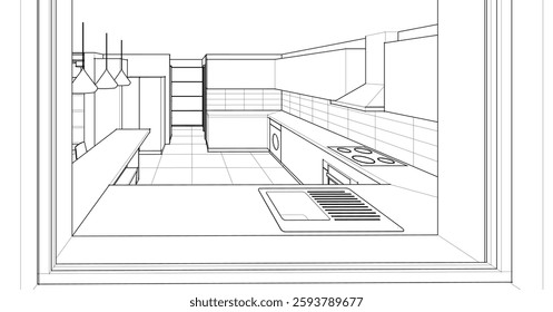 kitchen interior sketch 3D illustration