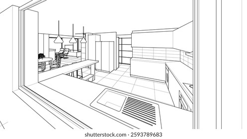 kitchen interior sketch 3D illustration