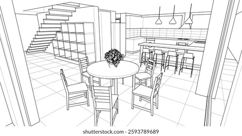 kitchen interior sketch 3D illustration