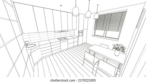 Kitchen Interior Sketch 3d Rendering Stock Vector (royalty Free 