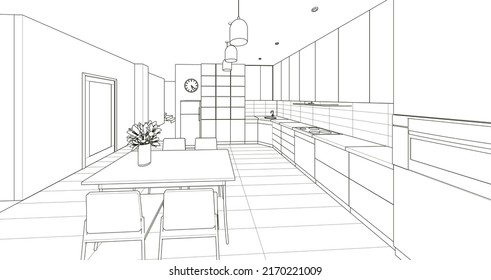 kitchen interior sketch 3d rendering