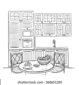 Kitchen Interior Sketch With Dinner Table