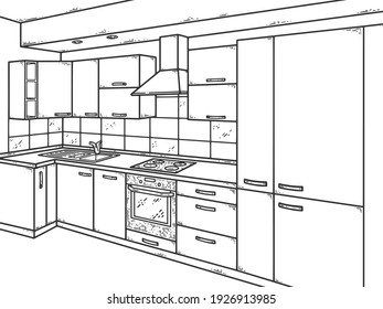 Kitchen interior. Sketch scratch board imitation. Black and white.