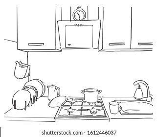 Kitchen interior sketches hand drawing. Vector illustration kitchen furniture and equipment.