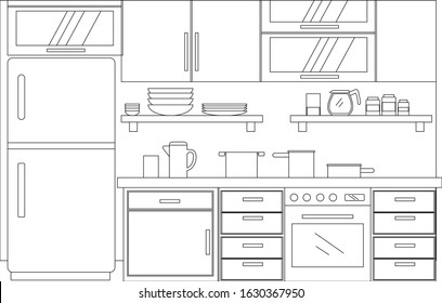 Kitchen interior sketches hand drawing front view. Contour vector illustration kitchen furniture and equipment.