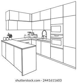 Kitchen interior sketches hand drawing front view. Contour vector illustration kitchen furniture and equipment