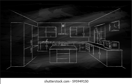 Kitchen interior sketches hand drawing on black chalkboard. Contour vector illustration kitchen furniture and equipment. White chalk drawing. Interior plan with island in perspective. 3D