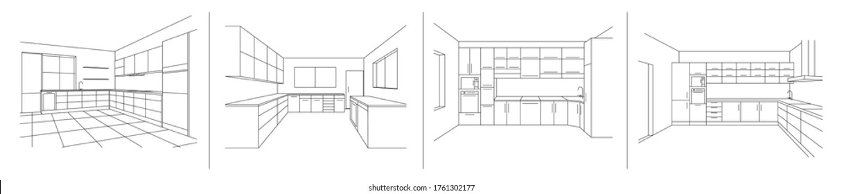 APERITIVOS INTERIORES CON COCINA. Ilustración vectorial de línea de cocina moderna con muebles. Esbozo de perspectiva planos cocina interior. Sistema de cocinas modulares sobre fondo blanco.