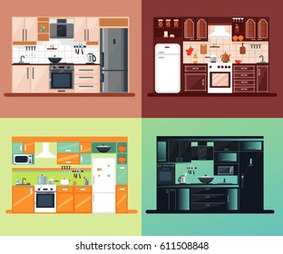 Kitchen interior square composition with different kinds of design and colors vector illustration