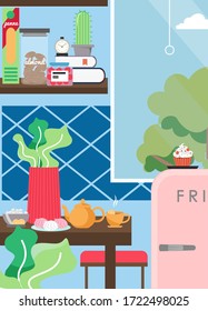 Kitchen interior for stay home and save lives theme poster, flyer, banner, vector flat style design illustration. Stay at home in quarantine. Coronavirus COVID-19 disease spread prevention.