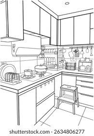 Kitchen interior with stove, cabinets, and cooking utensils in line art design illustration