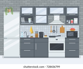 Kitchen interior with stove, refrigerator and microwave oven. Home room in flat style. Vector illustration