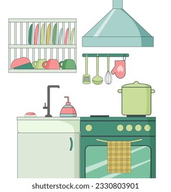 Kitchen interior with stove and sink. Furniture and utensils for the kitchen. Cabinets, drying dishes, plates and cups, kitchen accessories. Vector flat linear illustration.