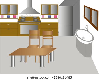 Kitchen interior with table chairs kitchen furniture refrigerator sink. Illustration of the interior of the kitchen with all accessories. table chairs refrigerator exhaust kitchen furniture dishes was