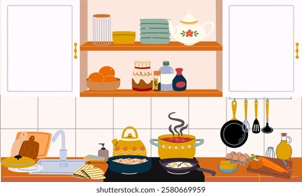 Kitchen interior. Kitchen table, cupboards, sink, stove. Cooking dishes.