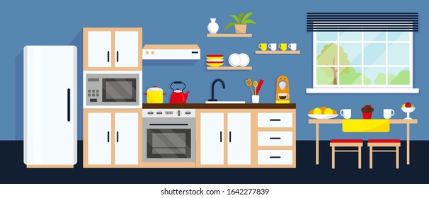 Kitchen interior with table, household appliances and window. Vector illustration.