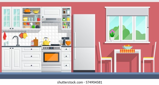 Kitchen interior with table, stove, cupboard, dishes and fridge. flat home art vector illustration. indoor, kitchen appliances furniture, banner cooking cartoon style. culinary decorations room. 