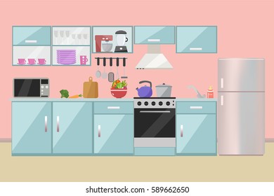 Kitchen interior  with table, stove, cupboard, dishes, appliances and fridge. Flat design.