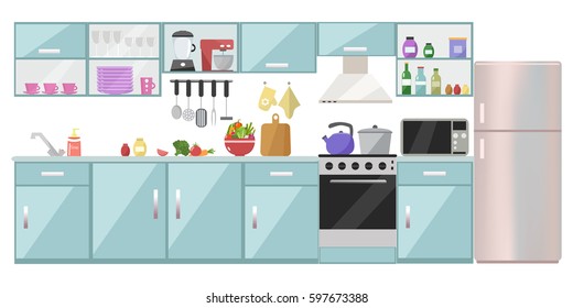 Kitchen interior  with table, stove, cupboard, dishes, appliances and fridge. Flat design.