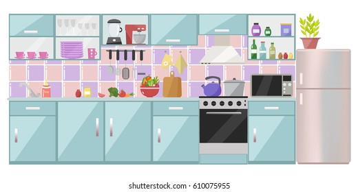 Kitchen interior  with table, stove, cupboard, dishes, appliances and fridge. Flat design.
