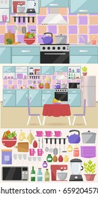 Kitchen interior  with table, stove, cupboard, dishes, appliance