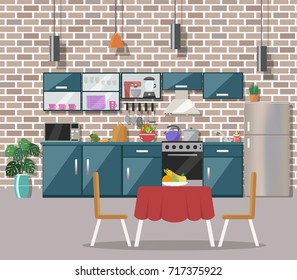 Kitchen interior  with table, stove, cupboard, dishes, appliances and fridge. Flat design.