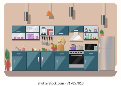 Kitchen interior  with table, stove, cupboard, dishes, appliances and fridge. Flat design.