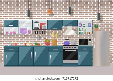 Kitchen interior  with table, stove, cupboard, dishes, appliances and fridge. Flat design.