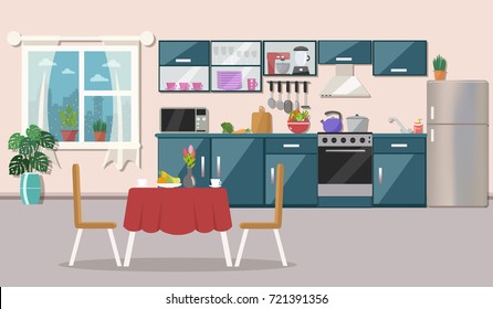 Kitchen interior  with table, stove, cupboard, dishes, appliances and fridge. Flat design.