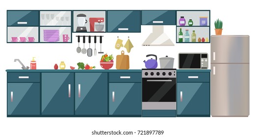 Kitchen interior  with table, stove, cupboard, dishes, appliances and fridge. Flat design.