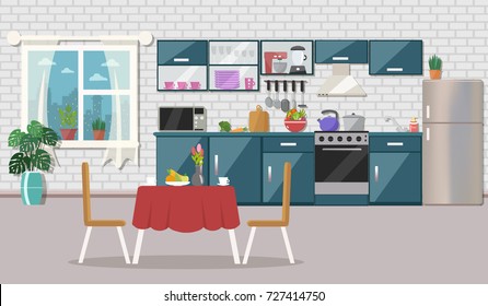Kitchen interior  with table, stove, cupboard, dishes, appliances and fridge. Flat design.