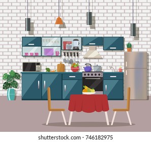 Kitchen interior  with table, stove, cupboard, dishes, appliances and fridge. Flat design.