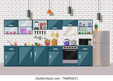 Kitchen interior  with table, stove, cupboard, dishes, appliances and fridge. Flat design.