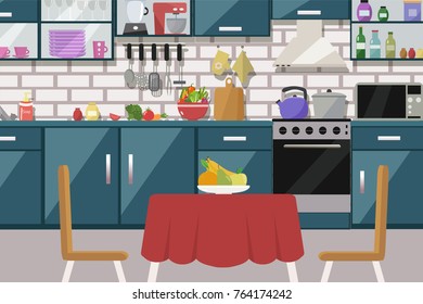 Kitchen interior  with table, stove, cupboard, dishes, appliances, utensils and fridge. Flat design.