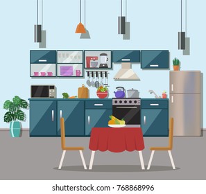 Kitchen interior  with table, stove, cupboard, dishes, appliances, utensils and fridge. Flat design.