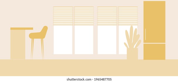 Kitchen interior, template for overlay. Flat vector stock illustration. Indoor space and nobody. Kitchen countertop, bar stools, refrigerator. Yellow monochrome illustration with copy space