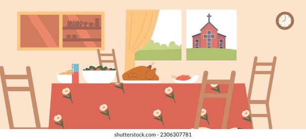 Kitchen Interior with Turkey on Table, Church View From Window. Perfect Setting For A Holiday Feast With Serene Ambiance