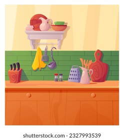 Kitchen Interior with Utensils. Cooking Kitchenware Home Items with Tile Wall. Cute Vector Illustration in Cartoon Style.