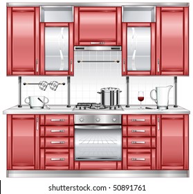 Kitchen interior with utensils and ware, vector illustration