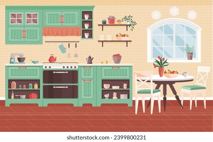 Kitchen interior vector illustration. Comfy dining room furniture complements stylish decor kitchen Homely kitchen interior concept turns cooking and dining into joyful experiences Equip your domestic