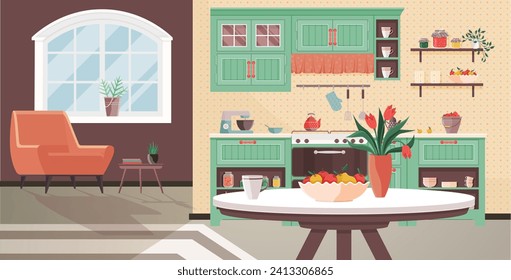 Kitchen interior vector illustration. Comfy and stylish furniture in kitchen creates welcoming dining atmosphere Decorate your dining room with cosy furniture for delightful family experience