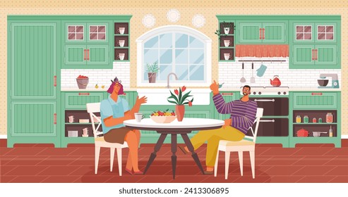 Kitchen interior vector illustration. Comfy and stylish furniture in kitchen and dining room fosters family unity Decoration and cookware in kitchen create warm and welcoming ambiance A well-designed