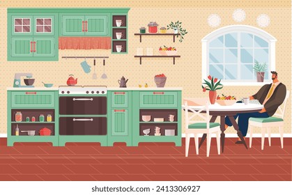 Ilustración vectorial interior de cocina. El concepto de cocina interior se extiende más allá de la cocina, definiendo el espacio de estar acogedor