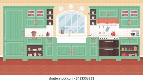 Ilustración vectorial interior de cocina. Decoración de su comedor con un mobiliario acogedor para una experiencia familiar deliciosa. El concepto de cocina bien equipada hace de la cocina un ritual agradable