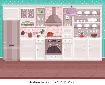 Kitchen interior vector illustration. The dining room, extension kitchen, completes homely ambiance Cuisine becomes art form in comfy kitchen adorned with stylish decor Cooking and dining blend